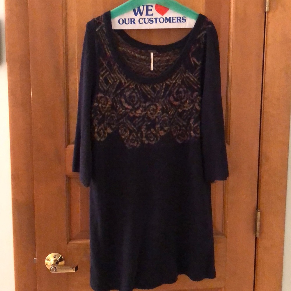 Long navy free people sweater with rosebud design